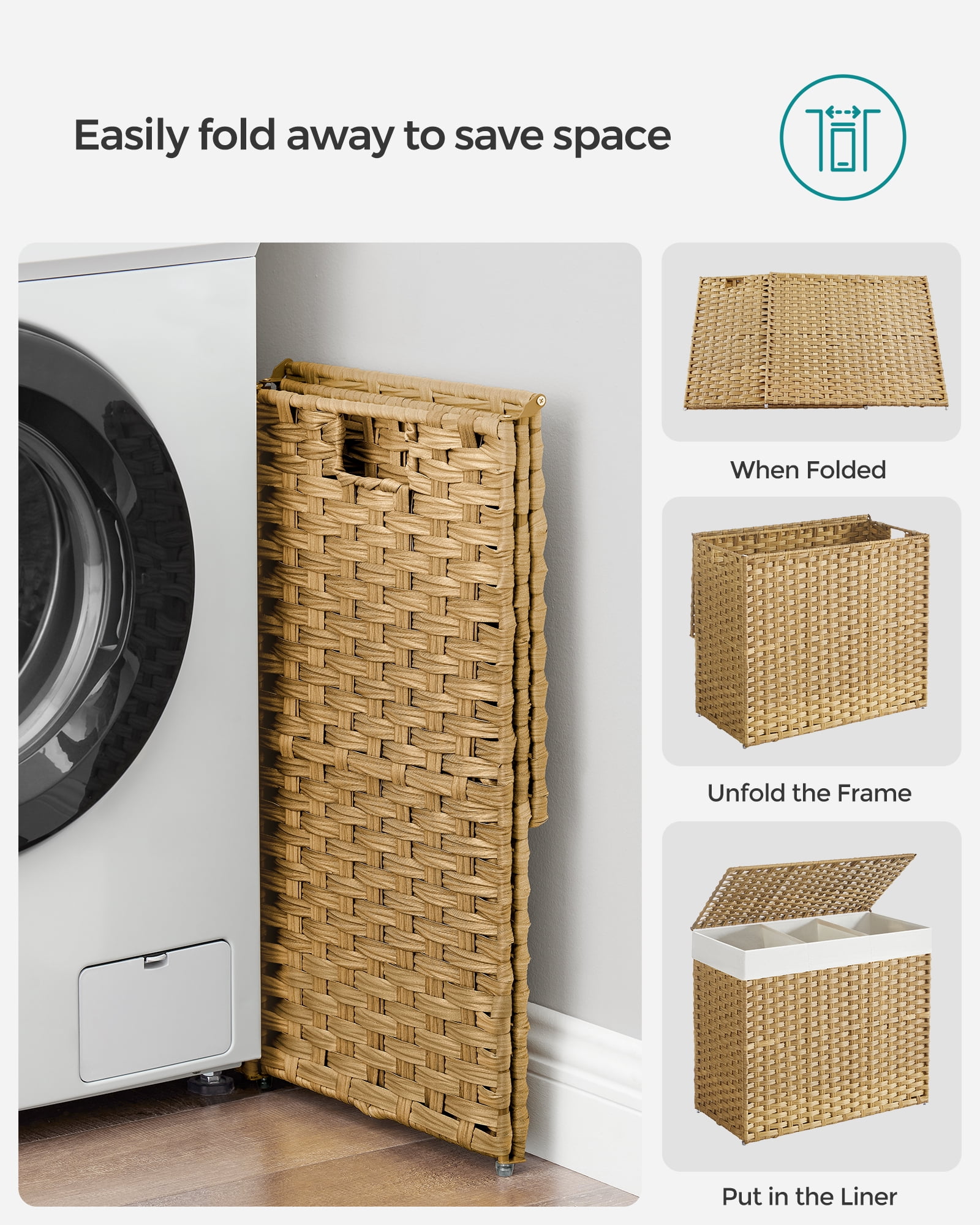 SONGMICS 160L Laundry Hamper with Lid Rolling Laundry Basket with Wheels 3-Section Synthetic Rattan Laundry Hamper Removable Liner for Bedroom Natural