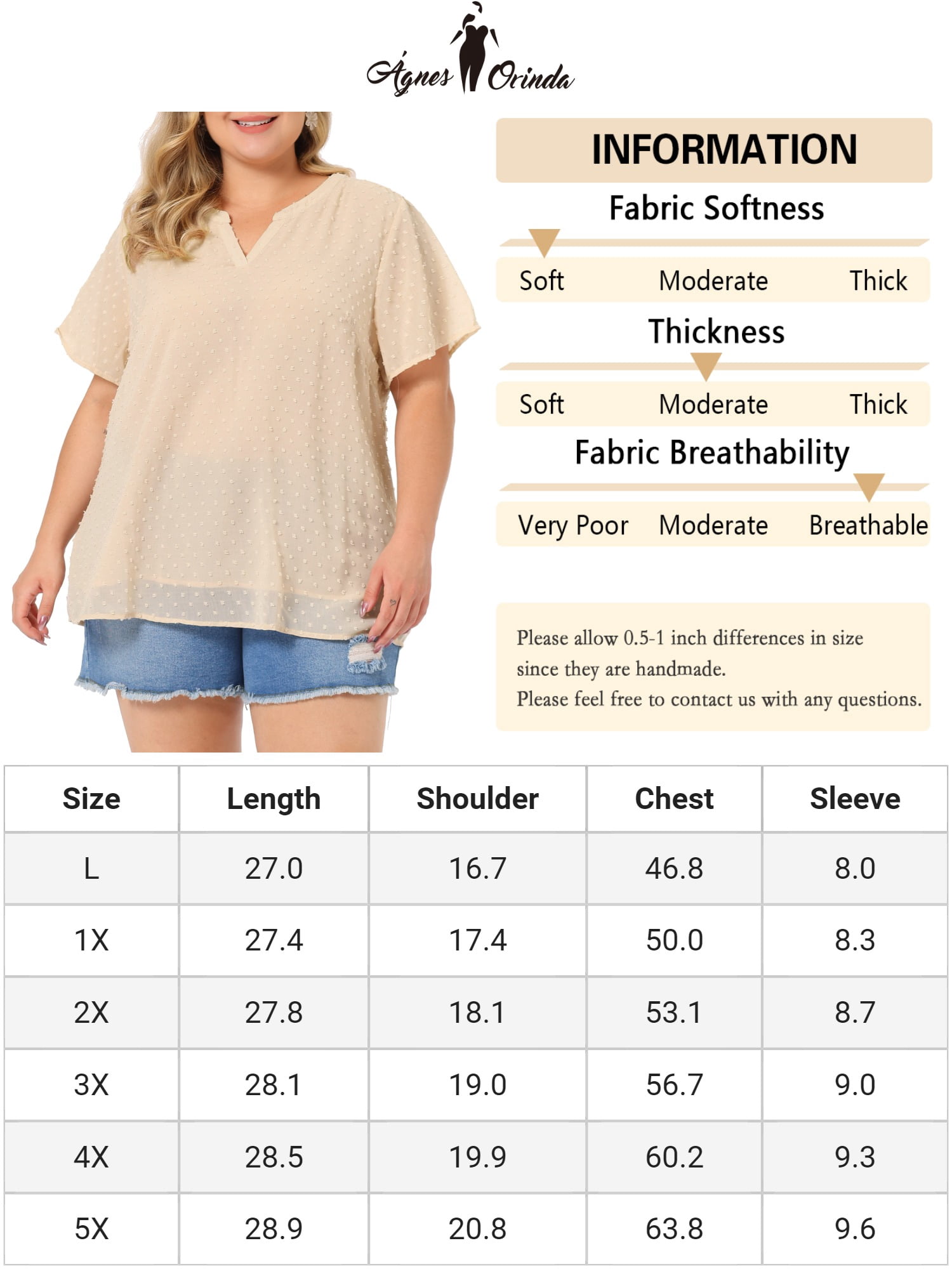 Unique Bargains Women's Plus Size Outfits Fashion Solid Pin Dots V Neck Top 2X Beige