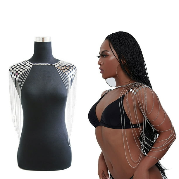Fiudx Cadena para El Cuerpo, Cadete Hombro y Diseño Metálico Exagerado, Collar y Borlas y Lentejuelas, Colección de Accesorios de Moda, Joyero para Niñas, Ropa de Fiesta, Talla Ajustable 54+15 Cm