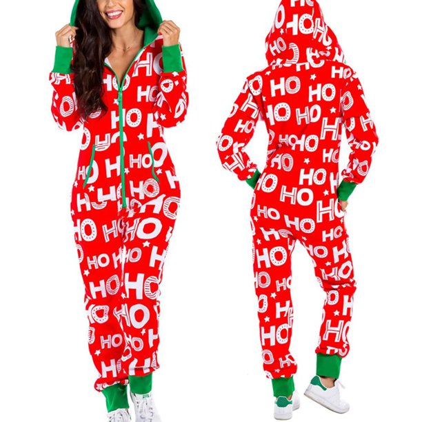 Pijama con capucha para Mujer, ropa de dormir con estampado de Feliz Navidad, mono de manga larga para Mujer