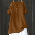 thumbnail image 5 of LIZUOJUN Women’s V-Neck Short Sleeve Henley Shirt Cotton Linen Blend Casual Summer Tee Breathique Soft Knit Button Detail Coffee M, 5 of 8