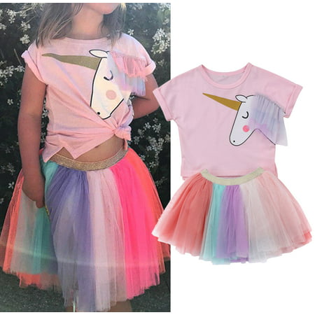 Fashion 2Pcs Toddler Kids Baby Girls Party Birthday Unicorn Top T-shirt Tulle Tutu Skirt Outfits Princess Cotton Clothes Summer 6-12 Months