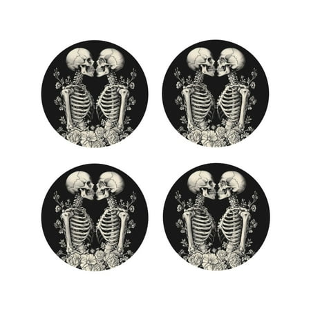 

Leather Coasters Set of 4 - Skeletons Love Flowers Lightweight Non-Slip Drink Coasters for Desk Anti-Scalding Desk Cup Coasters for Office Table Decor Round Shape