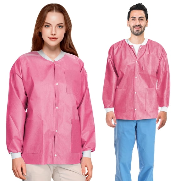 Disposable Lab Jackets SMS Material Cranberry 50 count Small Unisex with Snap Front and 3 Pockets