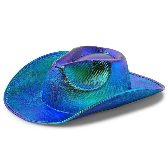 Holographic Western Cowboy Hat with Feathers, Cowgirl Costume Accessories (Blue and Green, Youth Size Small)