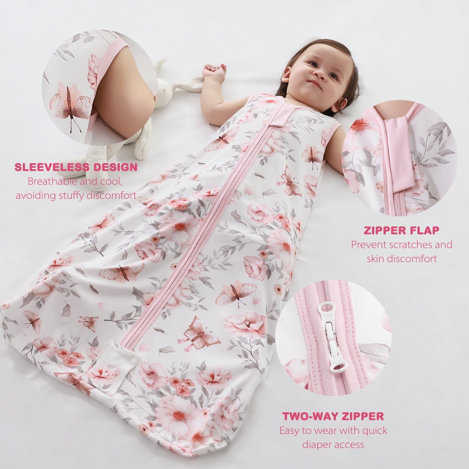 Mosebears 3Pcs 0.5 Tog Baby Sleep Sack 12-18 Months 100% Cotton Unisex Baby Wearable Blanket With 2-way Zipper