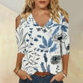 thumbnail image 2 of hxobax Floral 3/4 Sleeve T Shirt Womens Sexy Summer Tops V Neck Tunic Cold Shoulder Basic Tee Blouse, 2 of 5