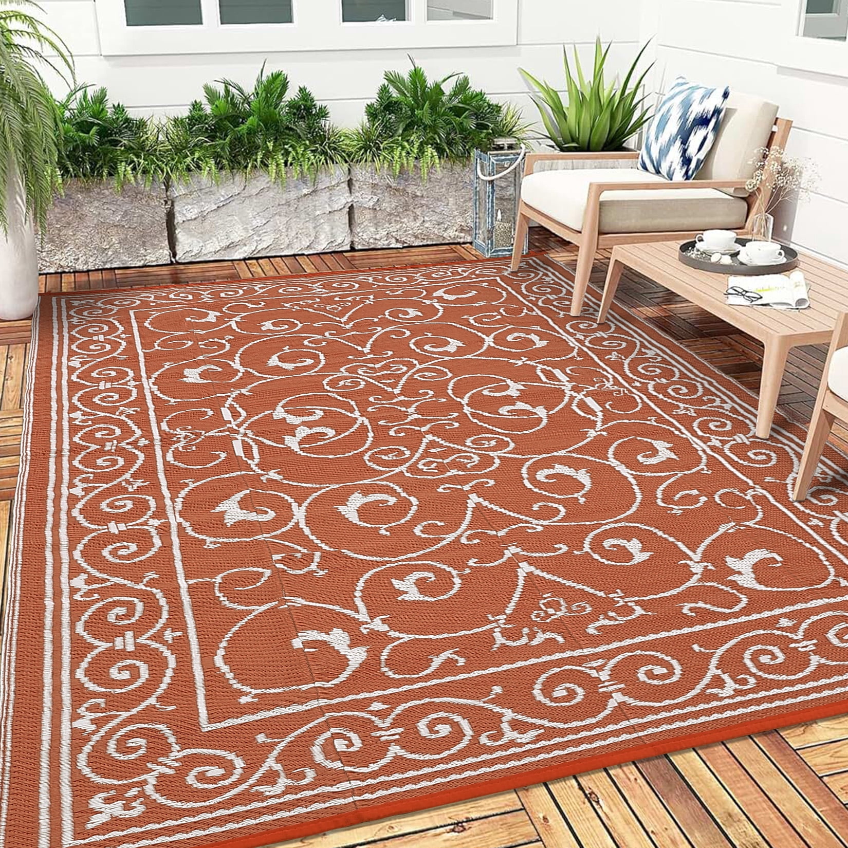 Garvee 8'x10' Outdoor Rug Waterproof Plastic Straw Rug, Reversible Outside Carpet UV Resistant Modern RV Mat for Backyard Garden Deck Poolside, Brick Red