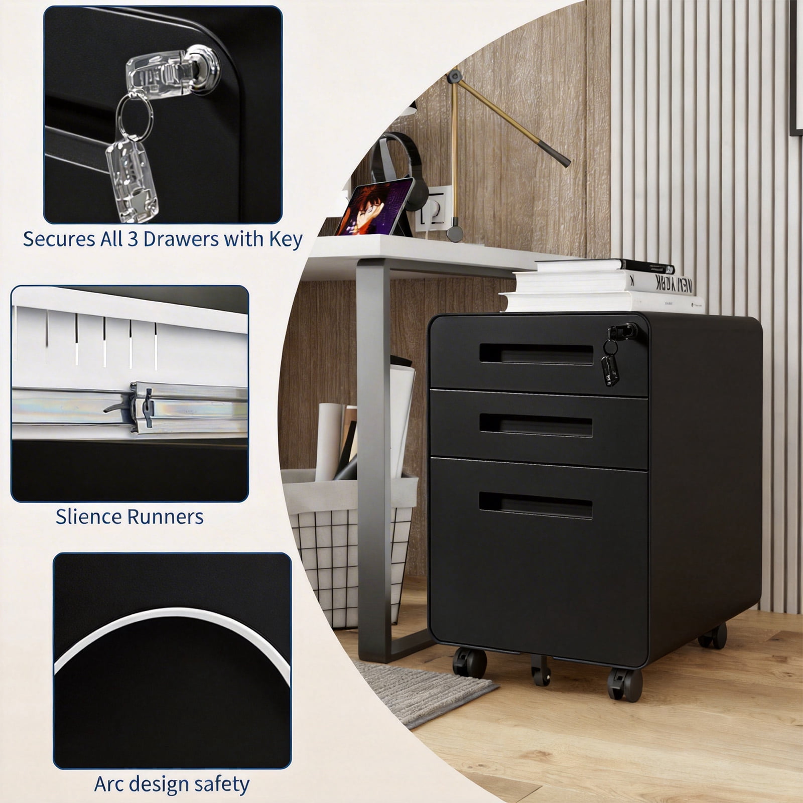 Towallmark Secure 3 Drawer Metal File Cabinet with Lock – Fully Assembled Mobile Filing Cabinet for Home Office, Anti-Tilt 5 Wheels, Under Desk Storage for A4/Letter/Legal Size – Matte Black