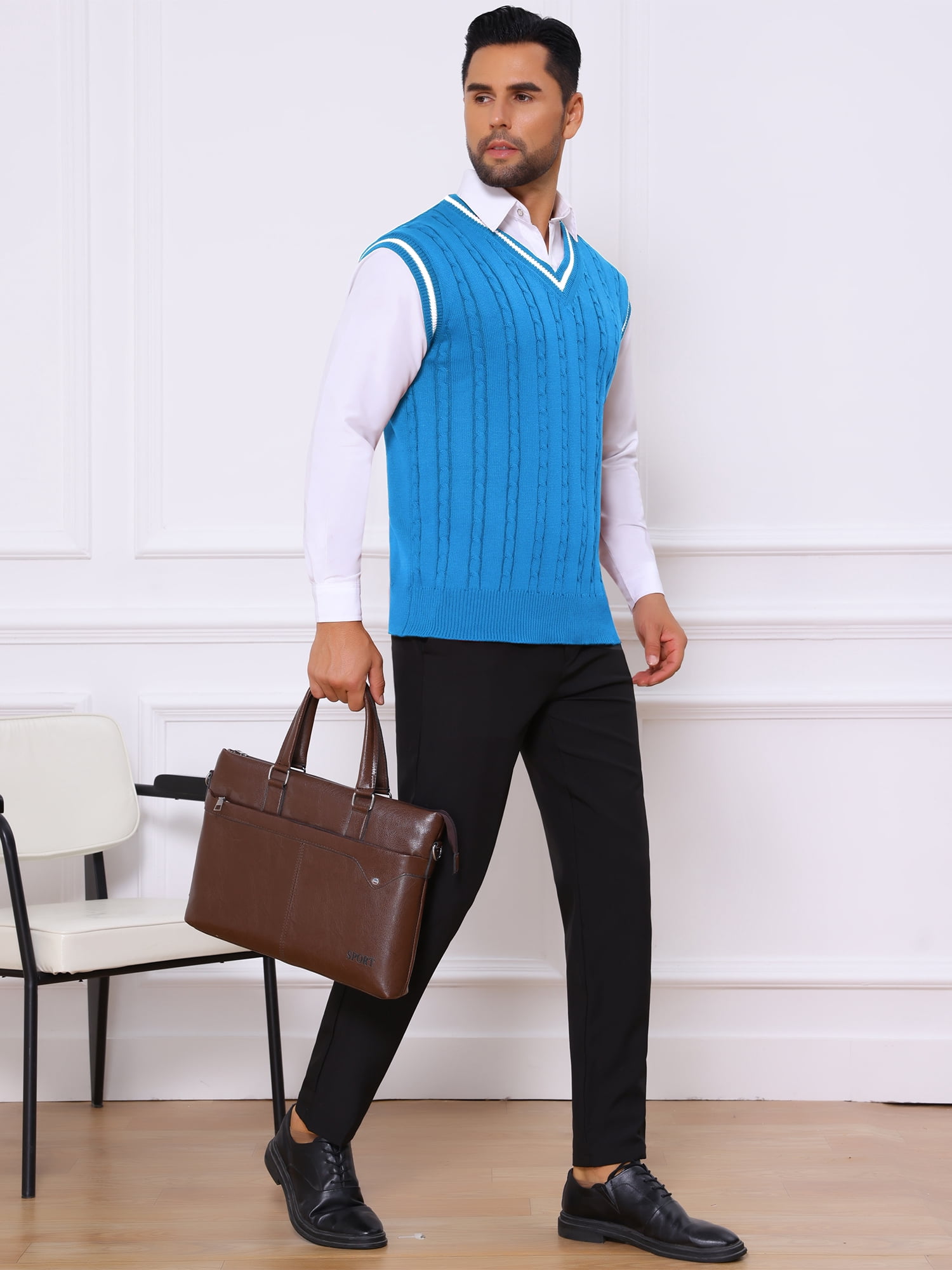DARING DIVA Men's Solid Color V-Neck Sleeveless Cable Knitted Sweater Vest XL Blue