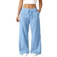 thumbnail image 2 of Women's Casual Wide Leg Pants, Striped Drawstring Trousers, Loose Comfort Lounge Wear for Home, Travel and Daily Relaxation,Blue,L, 2 of 5