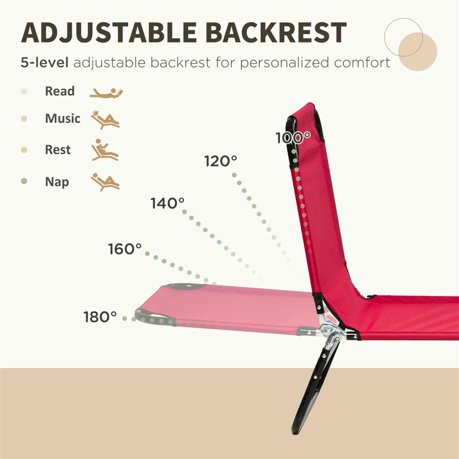 Demi Bonn 2-Piece Outdoor Collapsible Chaise Loungers with Steel Frame, 5-Position Reclining Folding Beach Chairs for Yard, Patio, Red