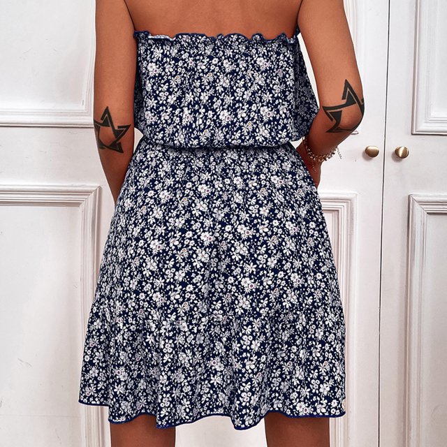 Vestido Con Estampado Floral, Vestido Sin Tirantes De Verano Agradable A La Piel Con Cinturón Elegante Para Fiesta De Verano