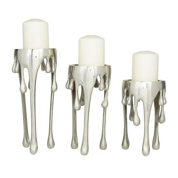 CosmoLiving par Cosmopolitan Bougeoir Décoratif Abstrait en Métal Aluminium, Ensemble de 3 Bougeoirs 12 Pouces, 10 Pouces, 8"H, Argent