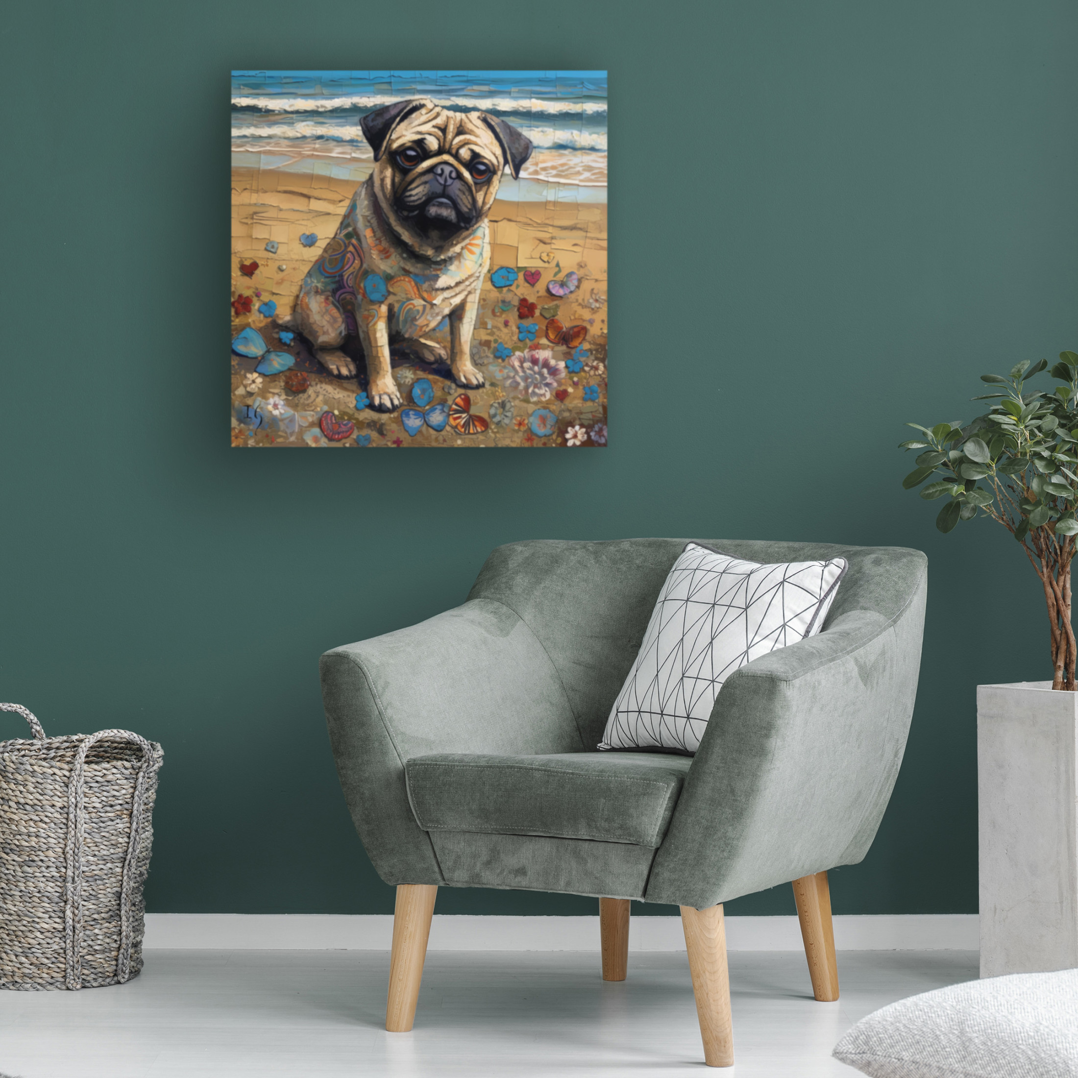 Canvas Wall Art - Ivan Guaderrama 'Pugs Seashore' Wall Art for Living Room, Bedroom, or Office Décor by Trademark Fine Art - 35 x 35 Inches
