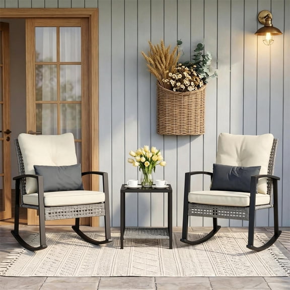 LAZZO 3 Pieces Patio Outdoor Conversation Set with Lumbar Pillows and Coffee Table, Gray PE Wicker Rocking Chairs with Beige Cushions