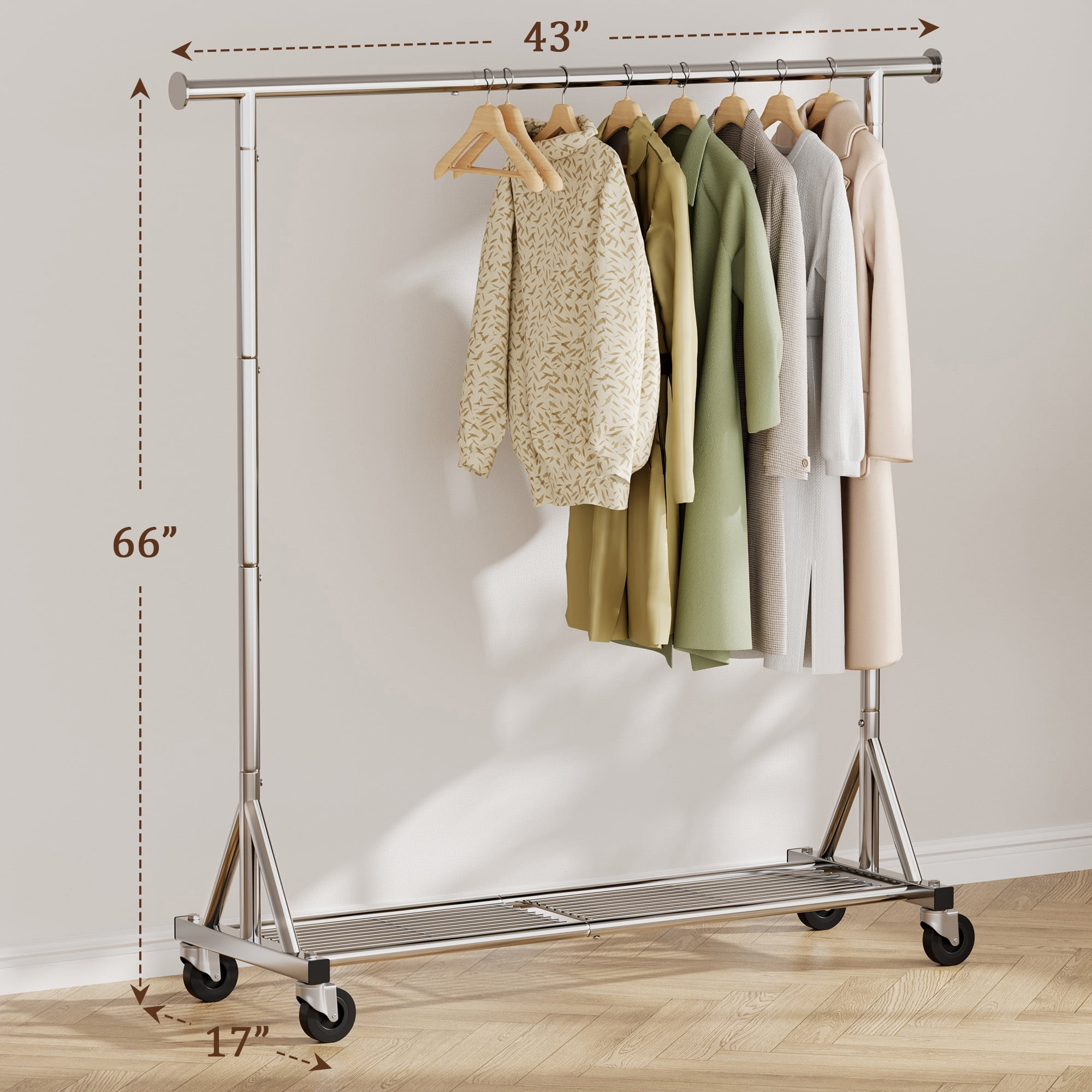 Mr IRONSTONE Heavy Duty Clothes Rack, Rolling Garment Rack with Lockable Wheels and Bottom Shelf, Metal Closet Organizer for Bedroom Laundry, Silver