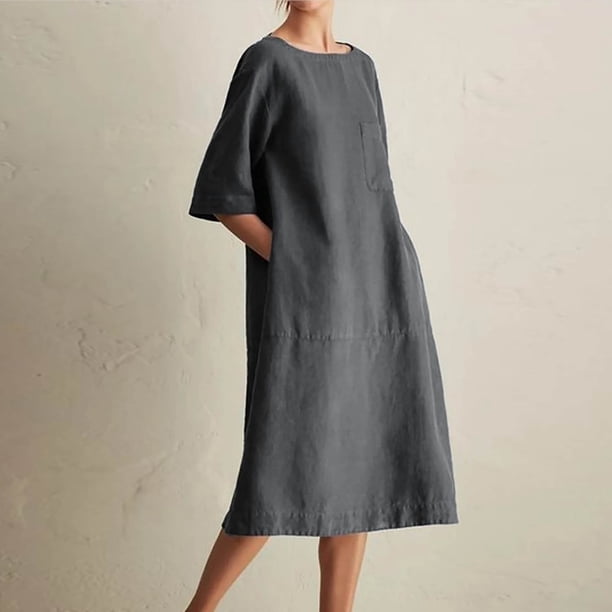ICHUANYI Clearance Women's Fashion Crewneck Loose Half Sleeve Solid Knee-length Dress(Gray, M) ICHUANYI WER2023080908783