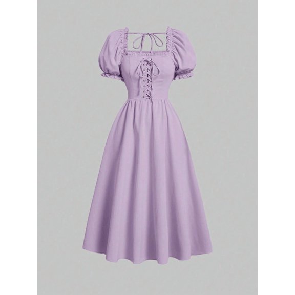 Mauve Purple Lace-Up Front Puff Sleeve Square Neck Midi Dress