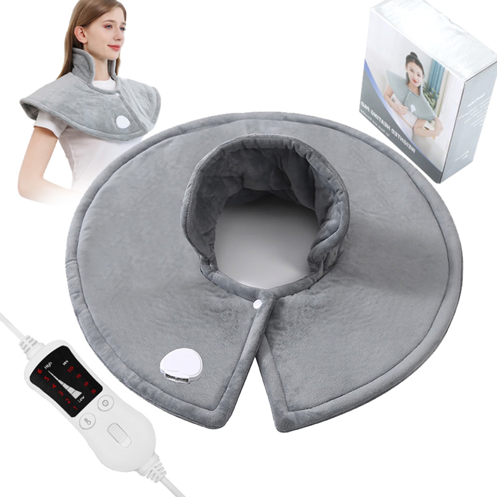 Electric Heating Pad for Neck and Shoulders 17.7x19.7 inches Large Heat Pad with 6 Heat Settings, Auto Shut-Off, and Machine Washable – Pain Relief for Neck, Back, and Shoulders, Grey