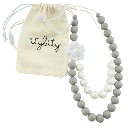 Soft Teething Beads - Baby Teething Necklace for Mom, Silicone Teething Beads, 100% BPA Free (Custom Soft Gray/Pearl)