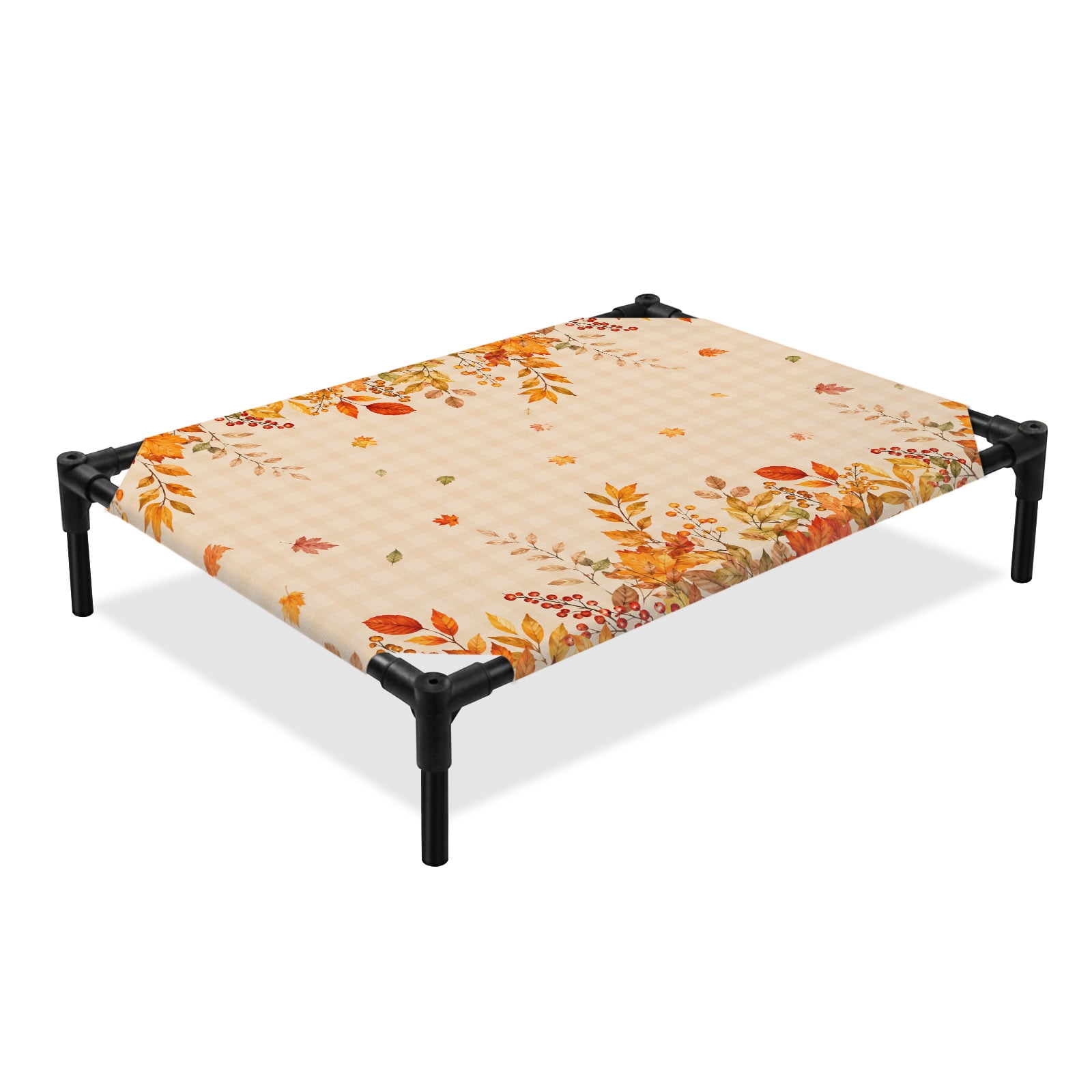 Thanksgiving Elevated Dog Bed Fall Harvest Country Orange Red Maple Leaves Berry Plaid Cooling Breathable Outdoor Raised Dog Cot Bed with Metal Frame Non-Slip Feet for Large Dog 28x22in