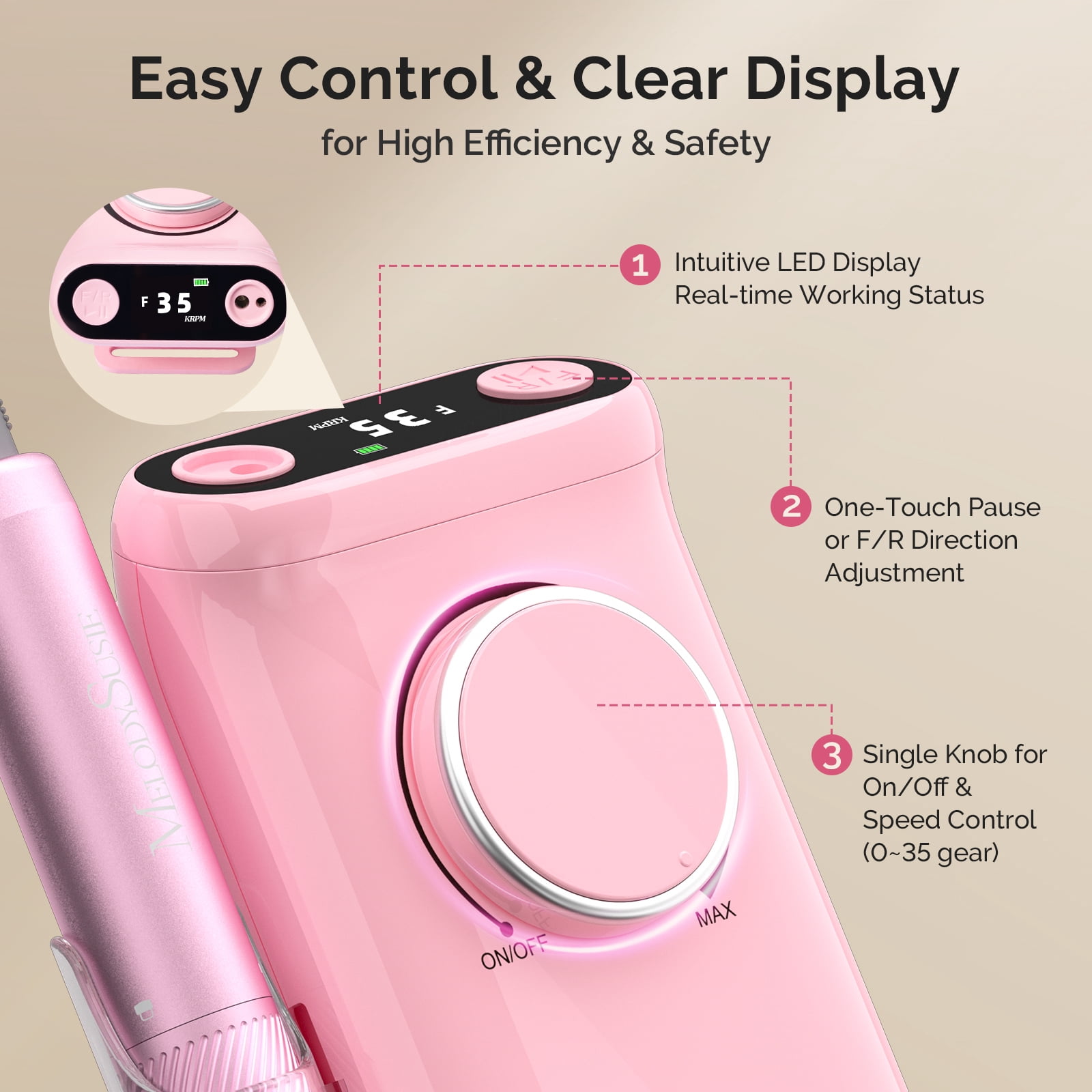 MelodySusie Upgraded Clip-On Cordless 2-in-1 Nail Drill with Tilted Display Design, SM320GW 35000RPM High-Efficiency E-File, Pink