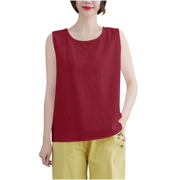 Women's Sleeveless Tank Tops Cotton Linen Lightweight Casual Beach Tee Shirt Crew Neck Loose Summer Tanks M-3X (XL, Red)