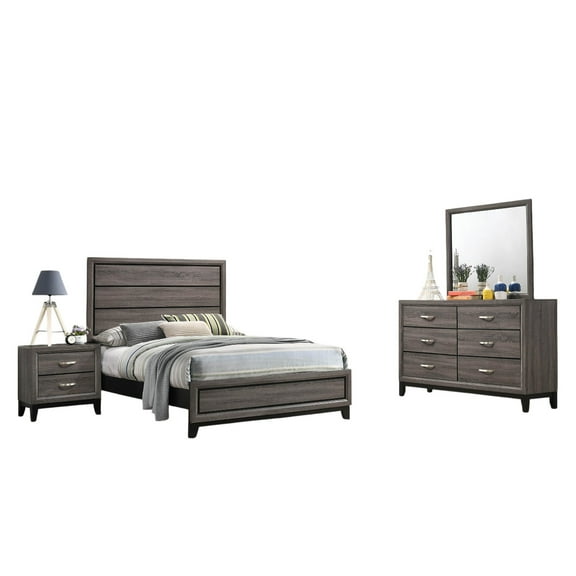 Mela 4pc Full Size Bedroom Set, Dresser, Nightstand, Mirror, Oak Gray
