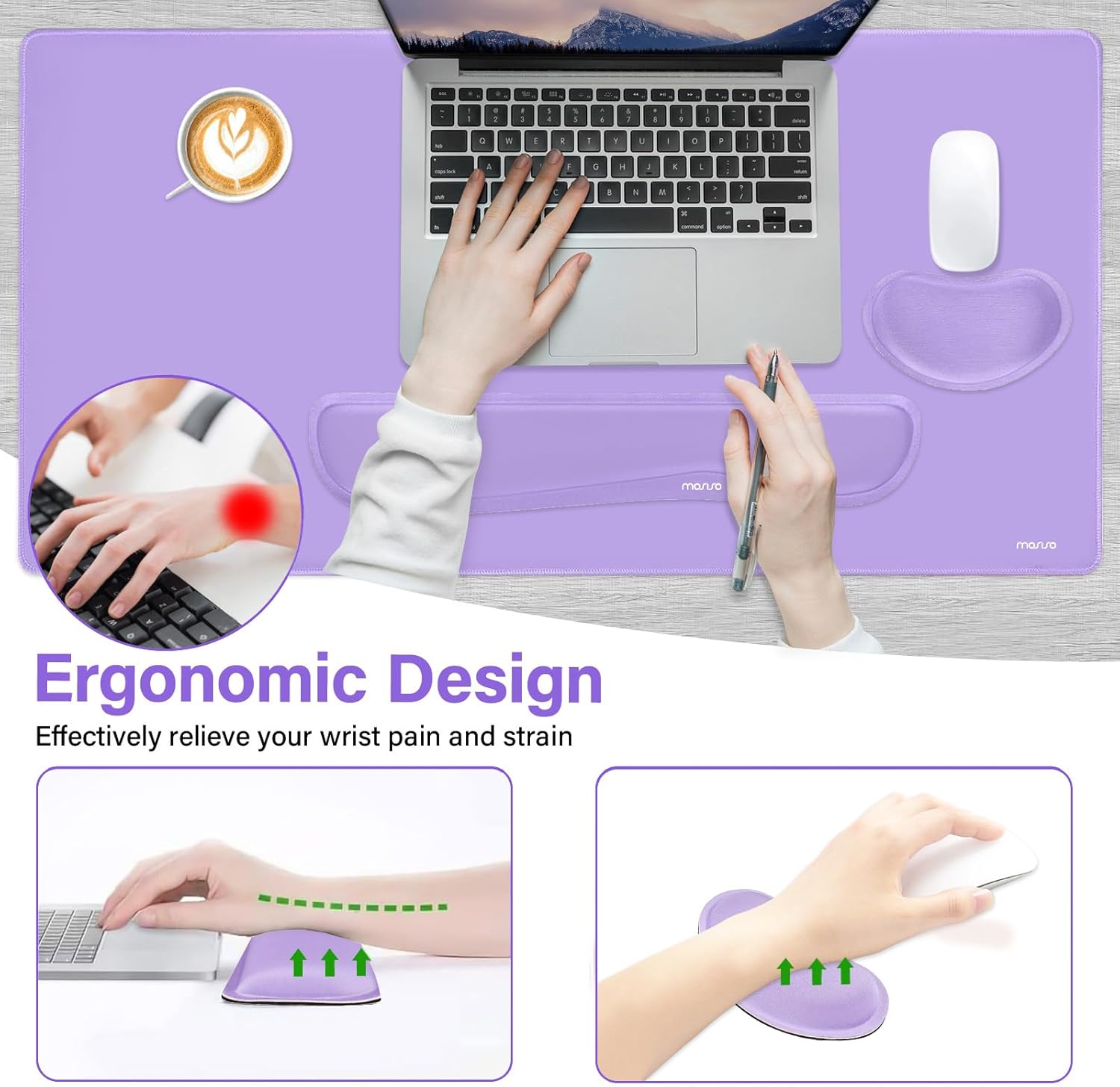 Keyboard Mouse Pad Set, Gaming Mouse Pad&Keyboard Wrist Rest&Wrist Rest, Ergonomic Wristrests with Memory Foam Home Office Easy Typing Cushion Non-Slip Mousepad, Purple