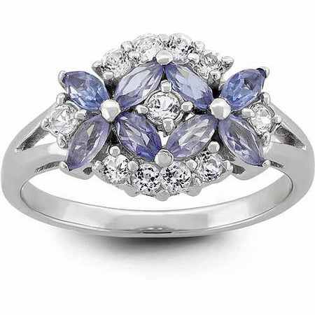 Tanzanite and White Topaz Sterling Silver Marquise Flower Ring