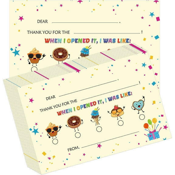 50pcs Donut Kid's Thank You Cards Fill in the Blank Thank You Postcards - 4.25 x 6 Inch Double-Sided Custom Thank You Notes