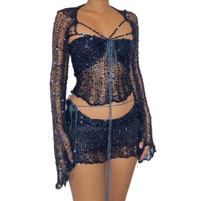 Suéteres De Punto Bra Top Cardigan Minifalda Señoras Y2k Estilo Lace Up Beach Outfit Kuymtek Azul oscuro T S para Mujer