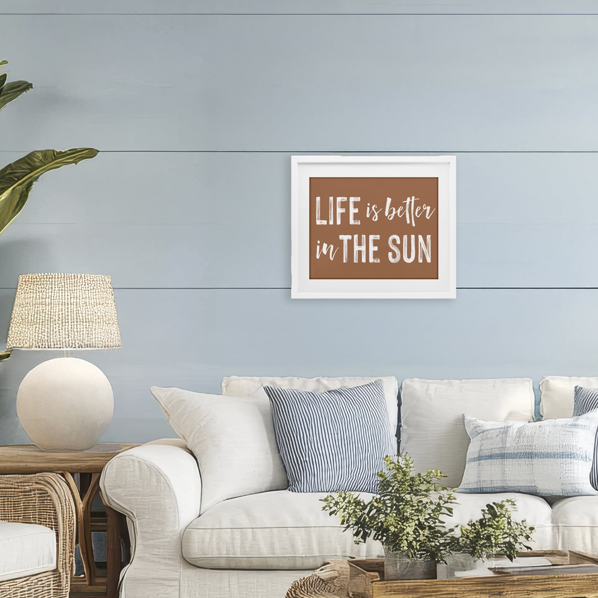 Life Better In Sun Brown White Framed Print Under Glass, design by Lettered and Lined