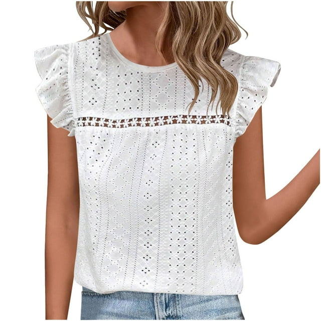GigrtiJin Womens Summer Tops Ruffle Round-Neck Eyelet Hollow out Solid Color Shirts Short Sleeve Fashion Basic Blouses