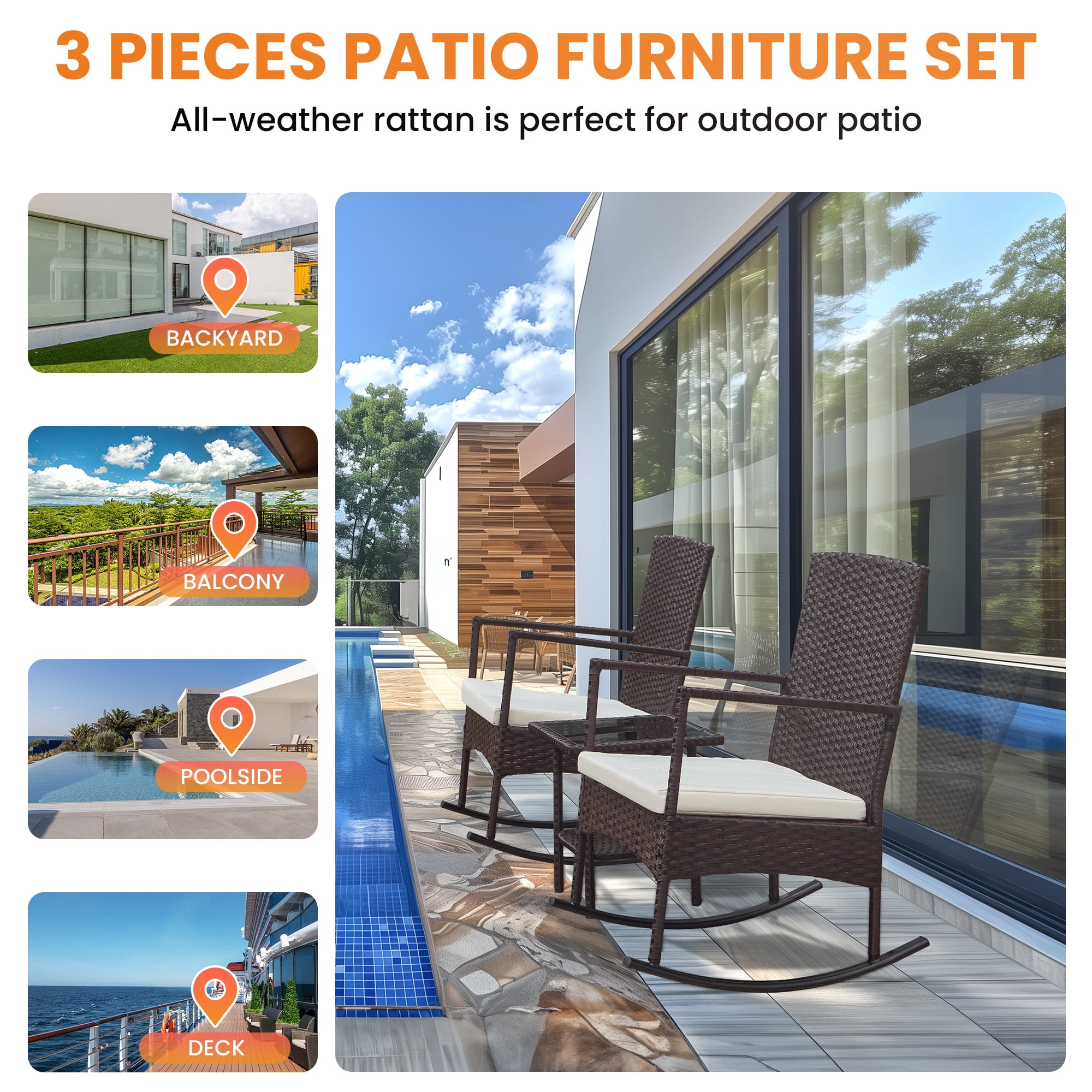 Brefac Oversize 3 Piece Patio Furniture Set Outdoor Patio Rocking Chair Set for Balcony Garden Bistro,Beige