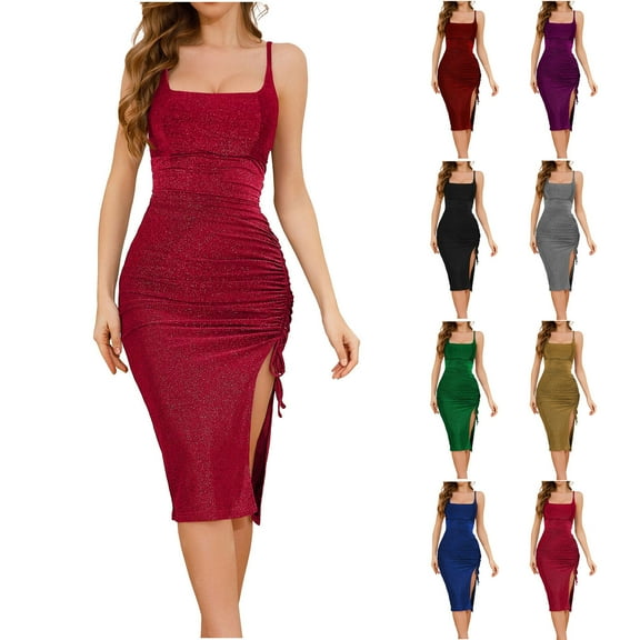 YTCAMLO Sparkly Sequin Midi Dresses for Women Trendy Spaghetti Strap Party Cocktail Dresses Drawstring Side Split Ruched Bodycon Dress, Purple XL