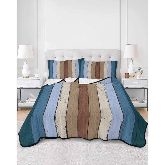 Quilts Twin XL Size, Blue Brown Soft Comforter Bedding Set for Bed, Farmhouse Wood Grain Vintage Vertical Striped Lightweight Quilted Bedspread with Pillow Cover(2 Pieces) for All Season, 68x98 Inch