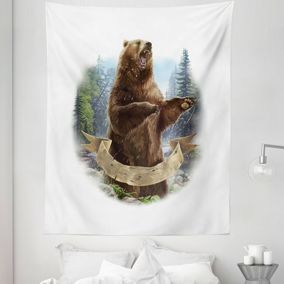 Bear Tapestry, Angry Mammal Carnivore Attacking Wilderness Forest Realistic Illustration, Fabric Wall Hanging Decor for Bedroom Living Room Dorm, 5 Sizes, Brown Green Pale Blue, by Ambesonne