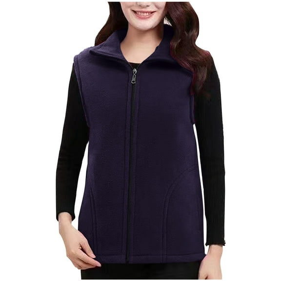 ZQGJB Women's Polar Fleece Vest Outerwear Sleeveless Lightweight Full Zip up Stand Collar Outwear Jackets Warm Soft Vests with Pockets Purple XL
