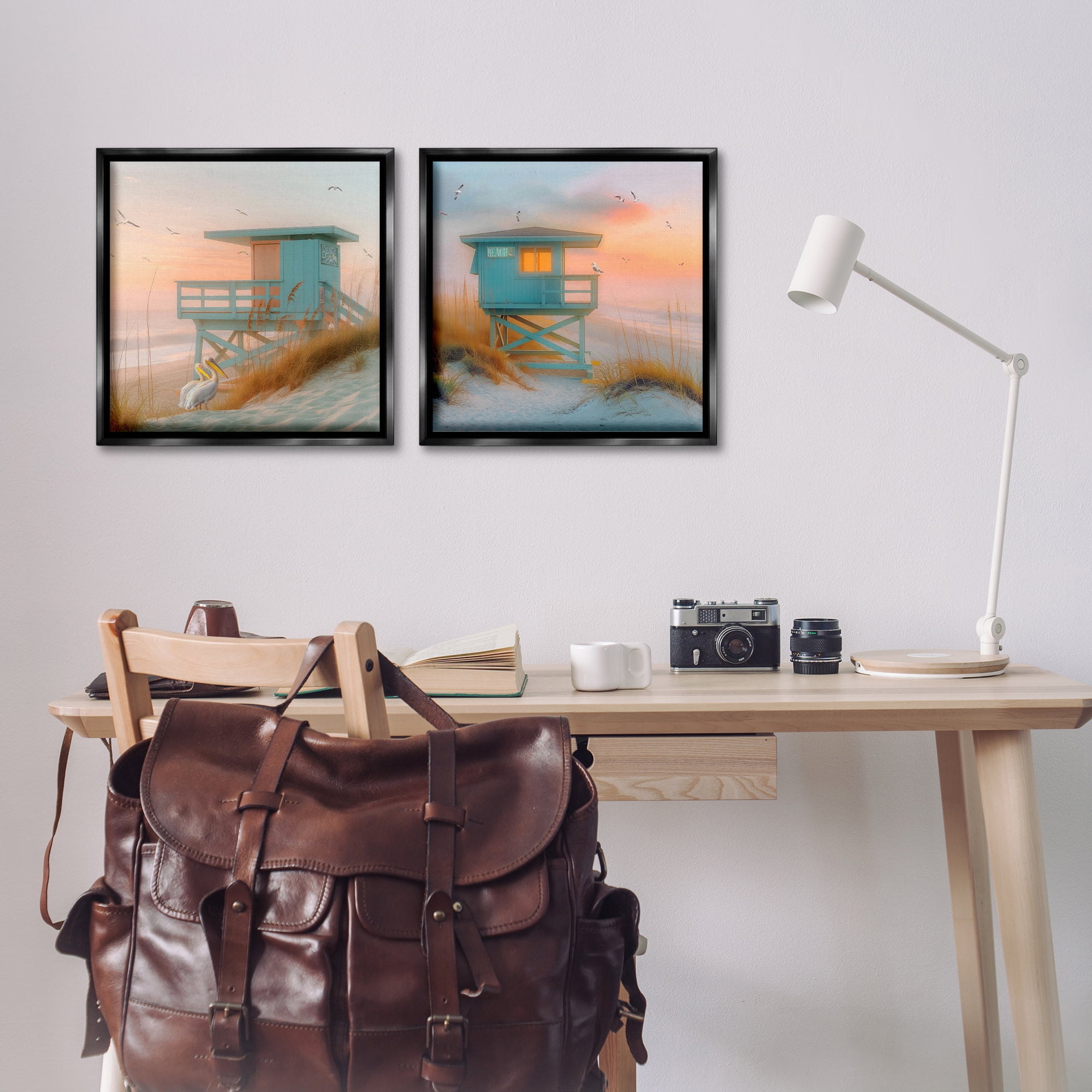 Stupell Industries Lifeguard Beach Hut Pelicans Nautical & Beach Painting Black Floater Framed Canvas Art Print Wall Art, 18 x 18, Set of 2