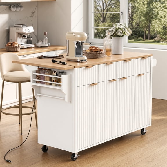 55.5'' Kitchen Island with Storage, Rolling Kitchen Cart with Drop Leaf, Power Outlet USB Port, 4 Doors 3 Drawers, Faux Marble Top, Fluted Design, White