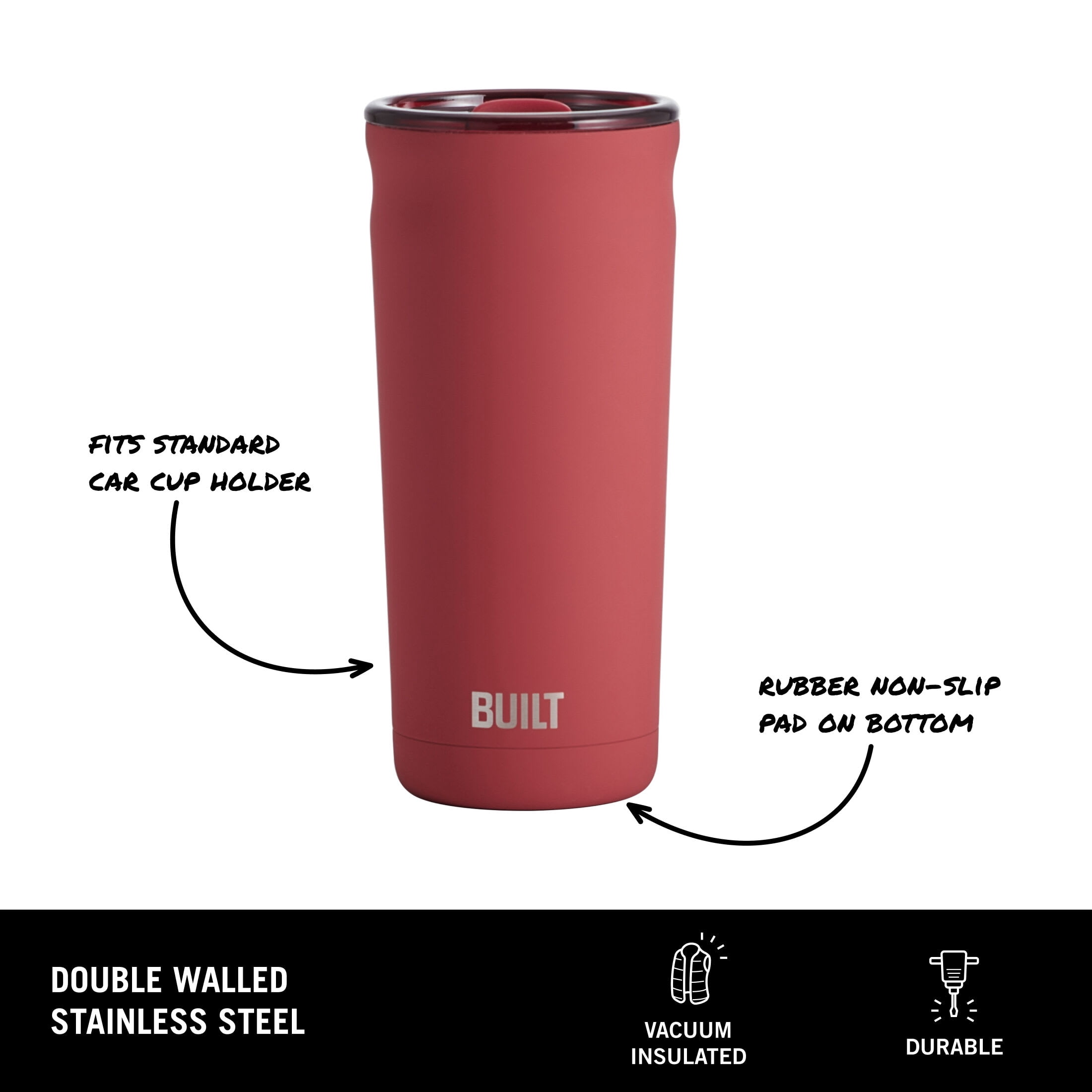 BUILT Torrent 20 fl oz Double-Wall Insulated Stainless Steel Tumbler, Red