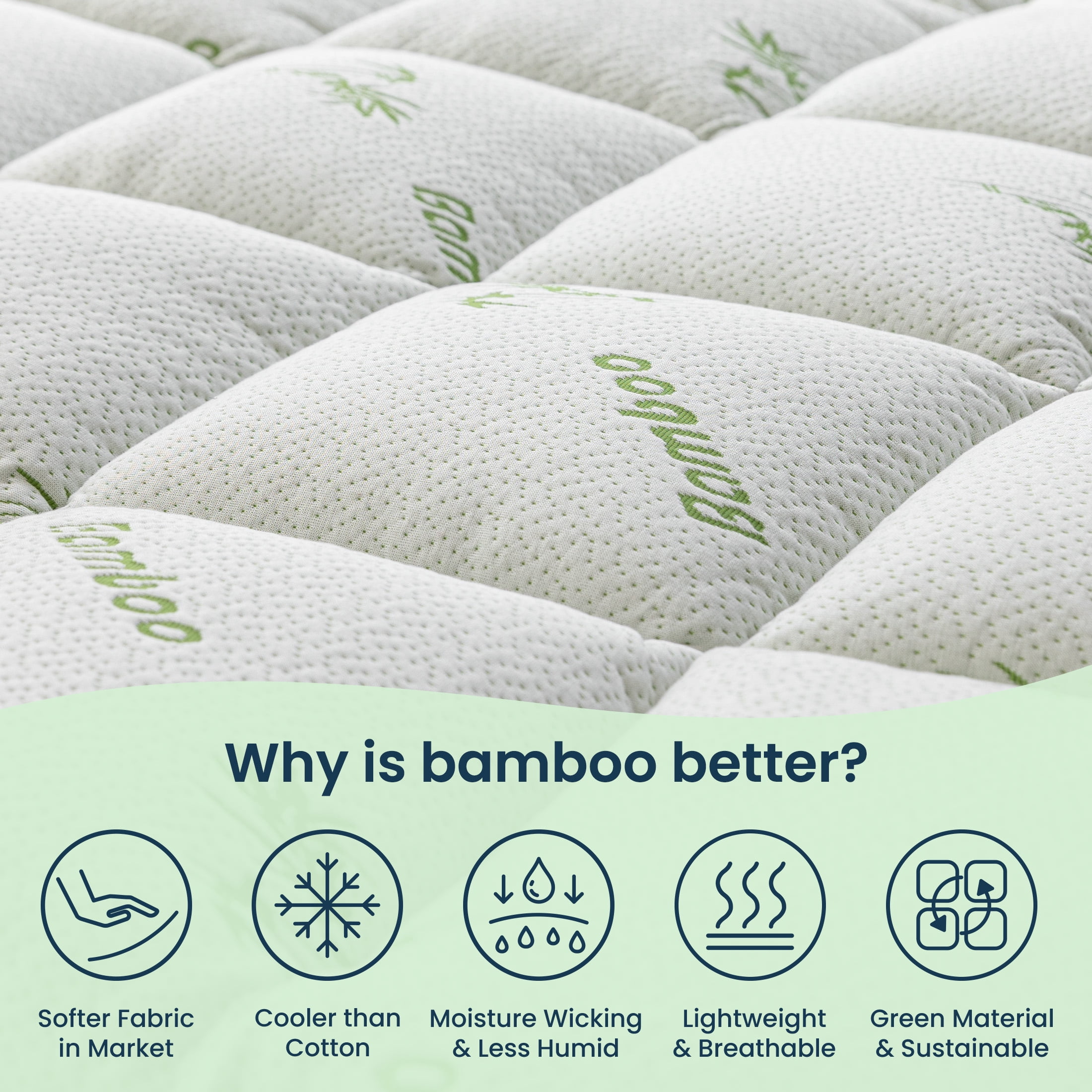 Sleep Zone Bamboo Mattress Topper Full Size with Deep Pockets, Soft Breathable Mattress Pad for Back Pain Relief, White