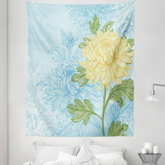 Flower Tapestry, Yellow Flower Chrysanthemum on a Blue Abstract and Romantic, Fabric Wall Hanging Decor for Bedroom Living Room Dorm, 5 Sizes, Pale Yellow Olive Green, by Ambesonne