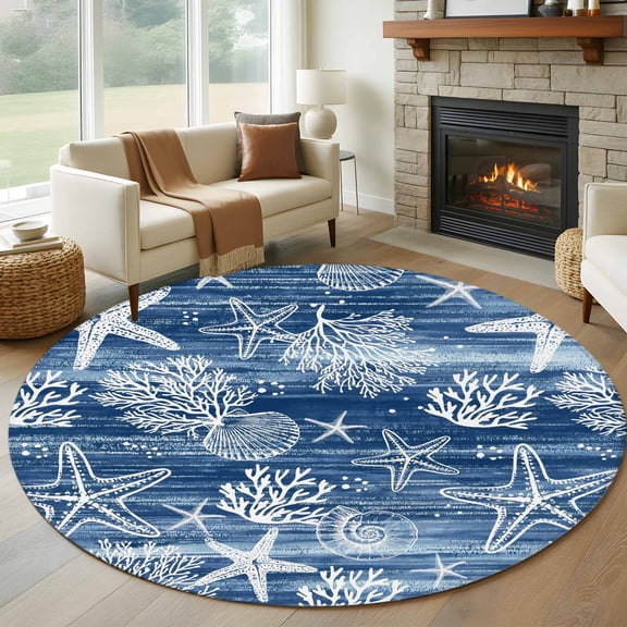 Round Rugs 7Ft, Navy Blue Coastal Round Area Rug Washable Indoor Throw Carpet, Summer Beach Nautical Starfish Coral Vintage Large Non Slip Circle Rug for Dining Room Playroom Home Decor Aesthetic