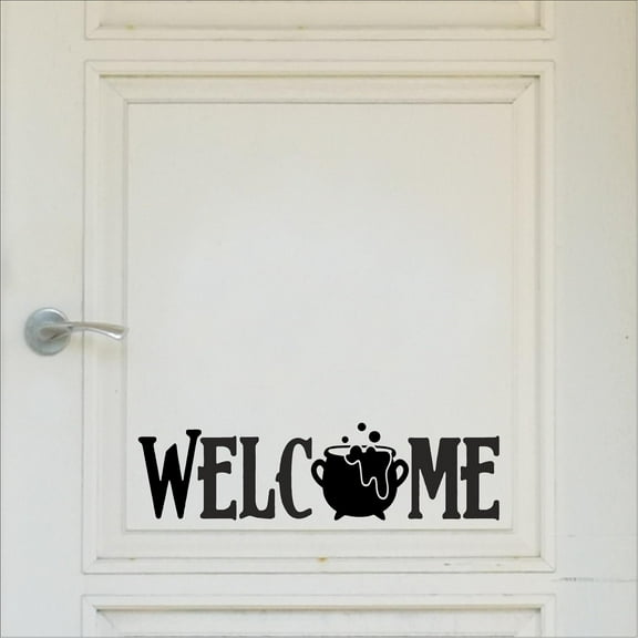 Halloween Welcome with Witch Cauldron Vinyl Lettering Wall Decal Holiday Door Decals Size: 5.5"H x 21"L - Color: Black
