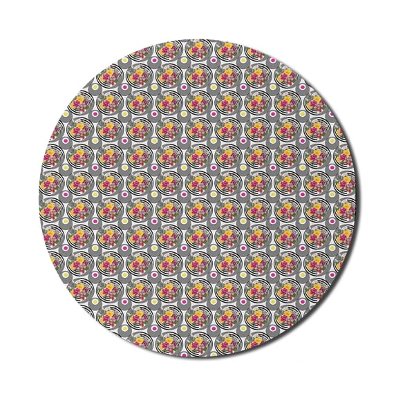Modern Mouse Pad for Computers, Monochrome Circular Spirals and Floral Bouquets Retro Effects Wedding Abstract, Round Non-Slip Thick Rubber Modern Gaming Mousepad, 8" Round, Multicolor, by Ambesonne