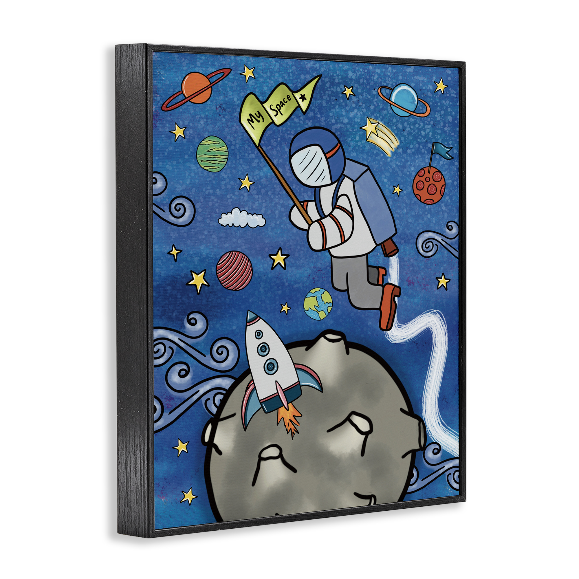 Astronaut Space Adventure Black Framed Giclee Art, design by Jennifer Stith
