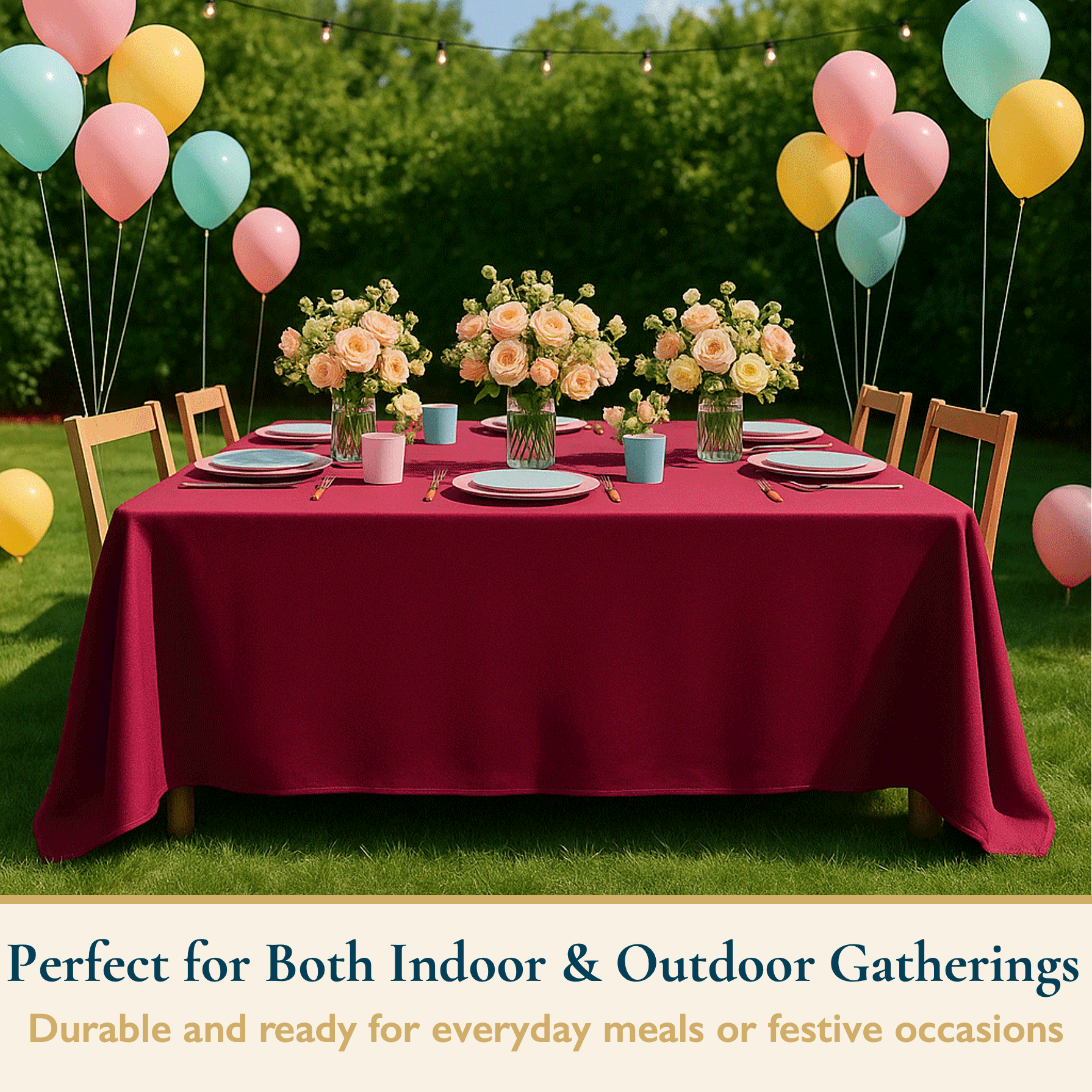 ComfiTime Tablecloth – 60 x 102 Durable Polyester Fabric Table Cover Cloth for 6-7 ft Rectangle Table, Spill/Stain-Resistant, Reusable/Washable, Indoor/Outdoor Dining/Party/Wedding/Banquet, Red